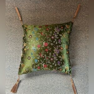 Floral Green Decorative Pillow with Tassels